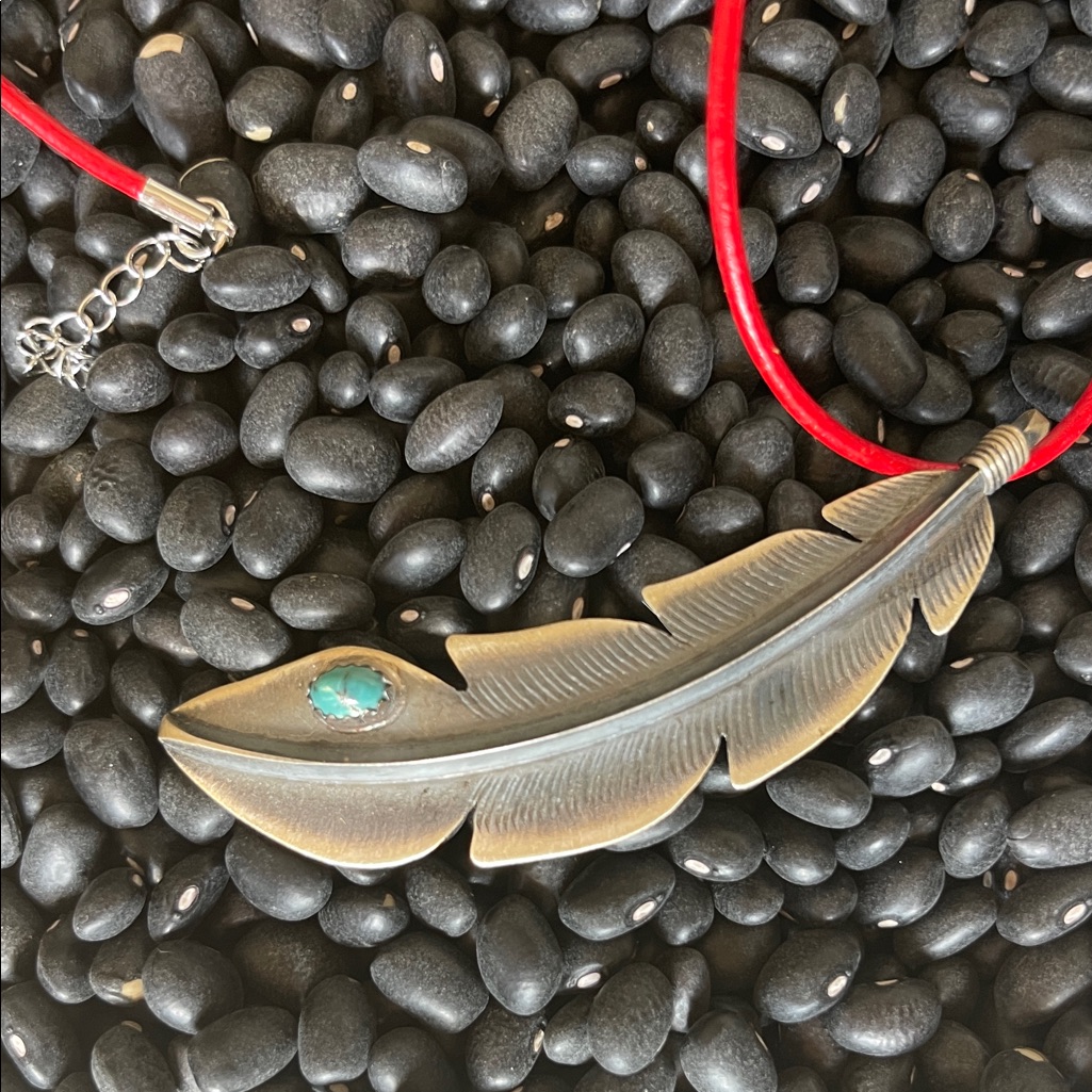 Native American, Sterling, Silver And Turquoise Feather Pendant